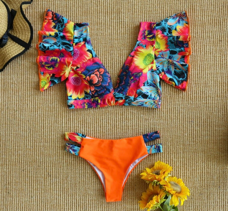 Swimsuit Floral Brazilian V-Neck Ruffle Bikini