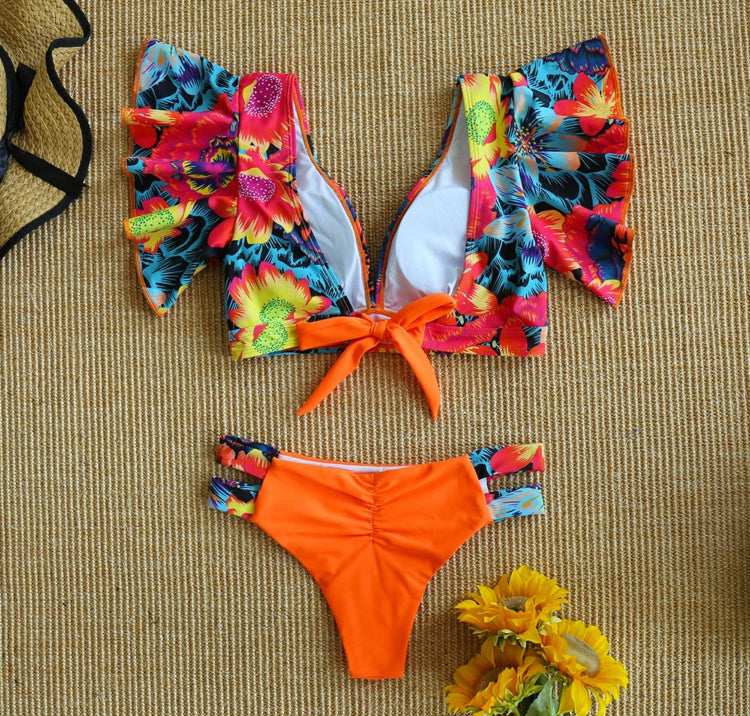 Swimsuit Floral Brazilian V-Neck Ruffle Bikini
