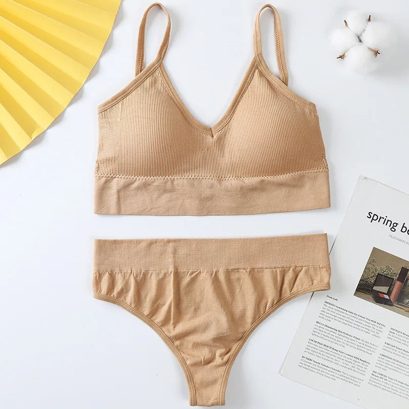 Seamless Cotton Ribbed Bra and Panty Set