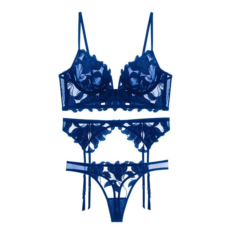 Wedding Lingerie | French Embroidery Deep V Through Lace Bridal Lingerie Set