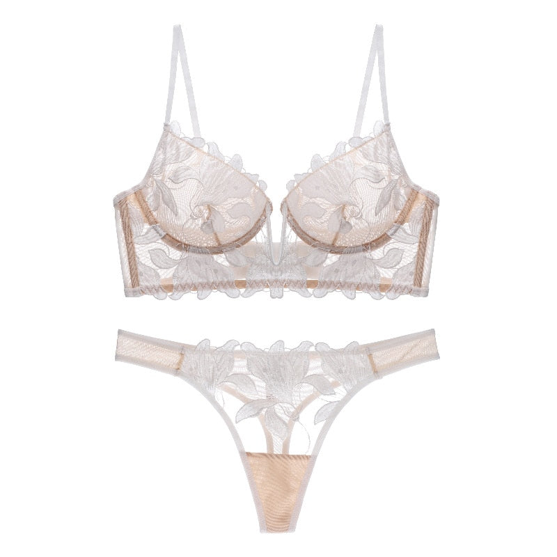 Wedding Lingerie | French Embroidery Deep V Through Lace Bridal Lingerie Set