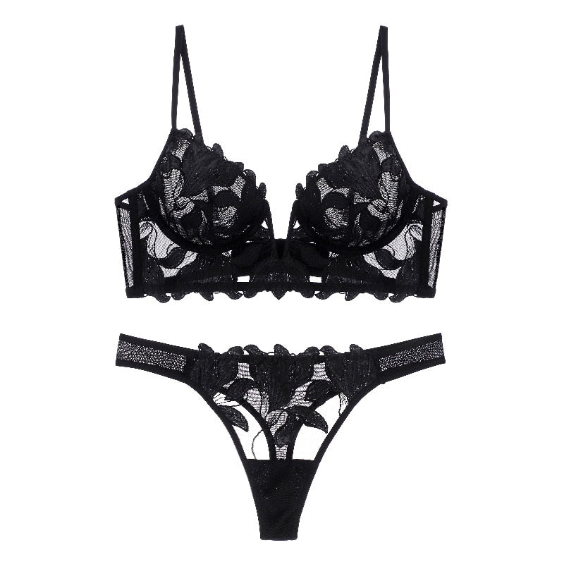 Wedding Lingerie | French Embroidery Deep V Through Lace Bridal Lingerie Set