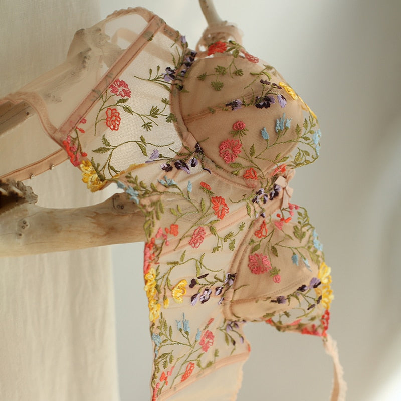 Floral Lace Embroidery Corset Lingerie Set