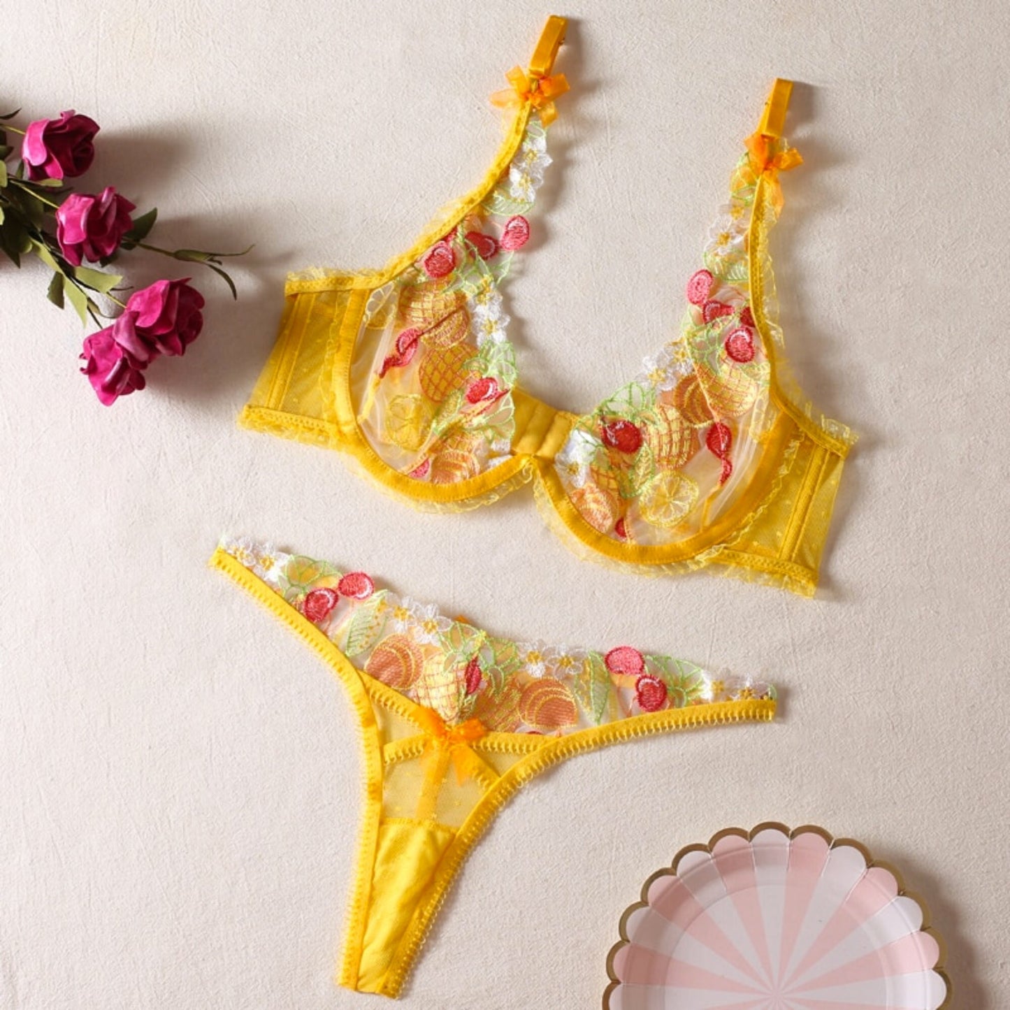 Summer Fruity Fresh Tropical Sheer See Through Lingerie Set