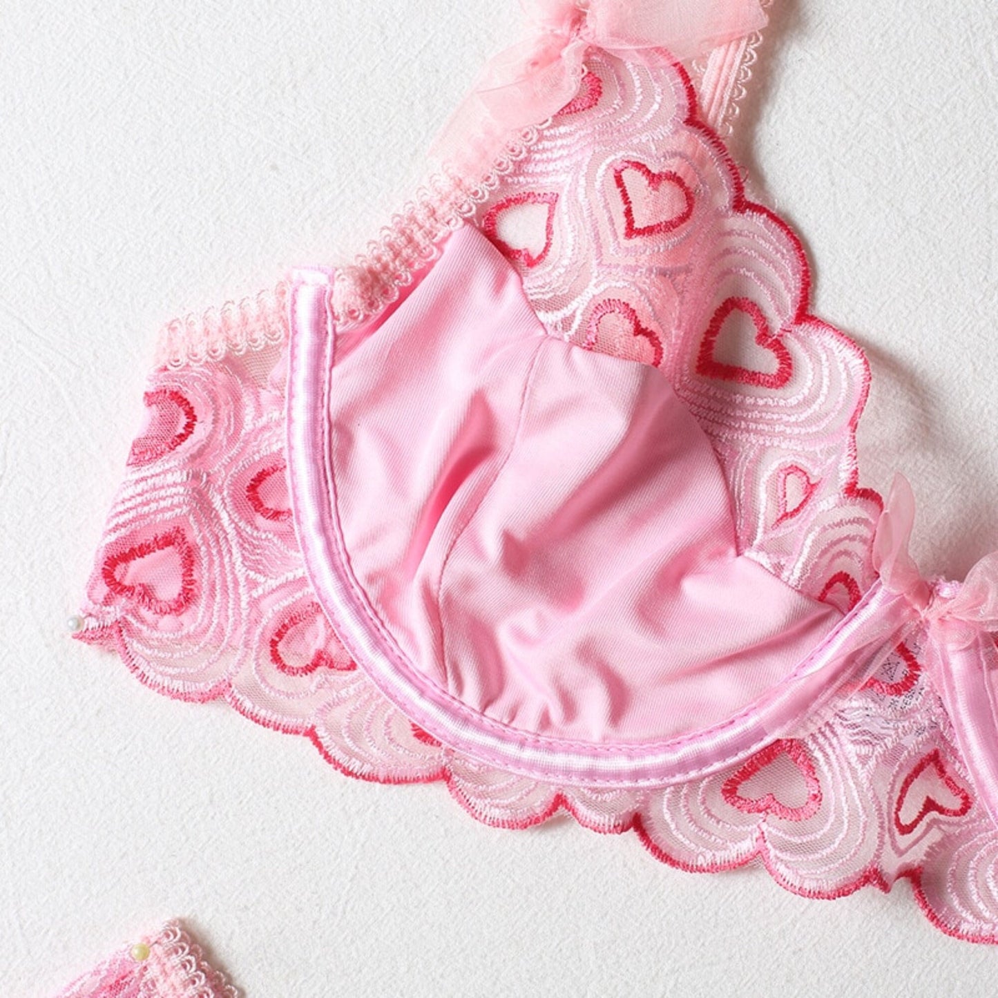 Pink Heart Silky Lace Pink Valentine Lingerie Set
