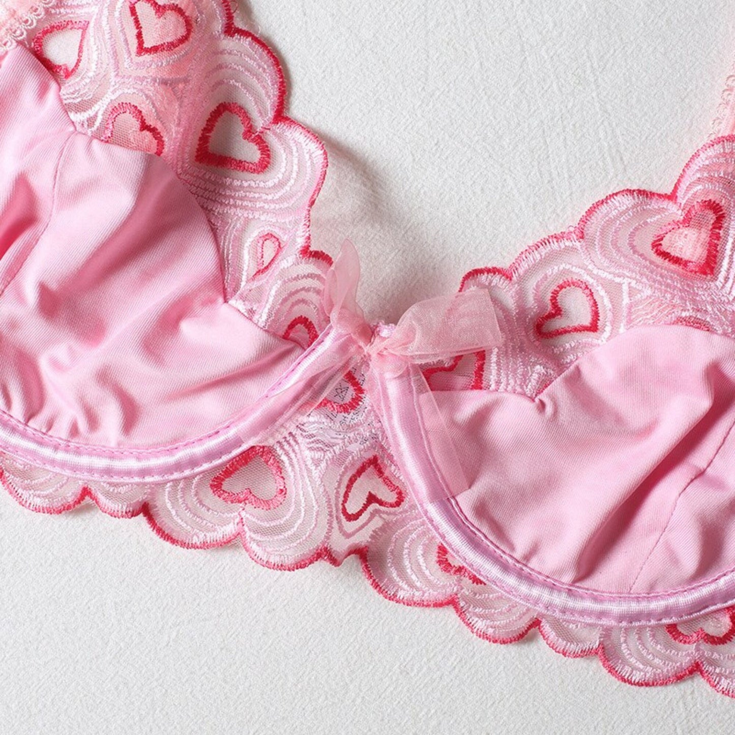 Pink Heart Silky Lace Pink Valentine Lingerie Set