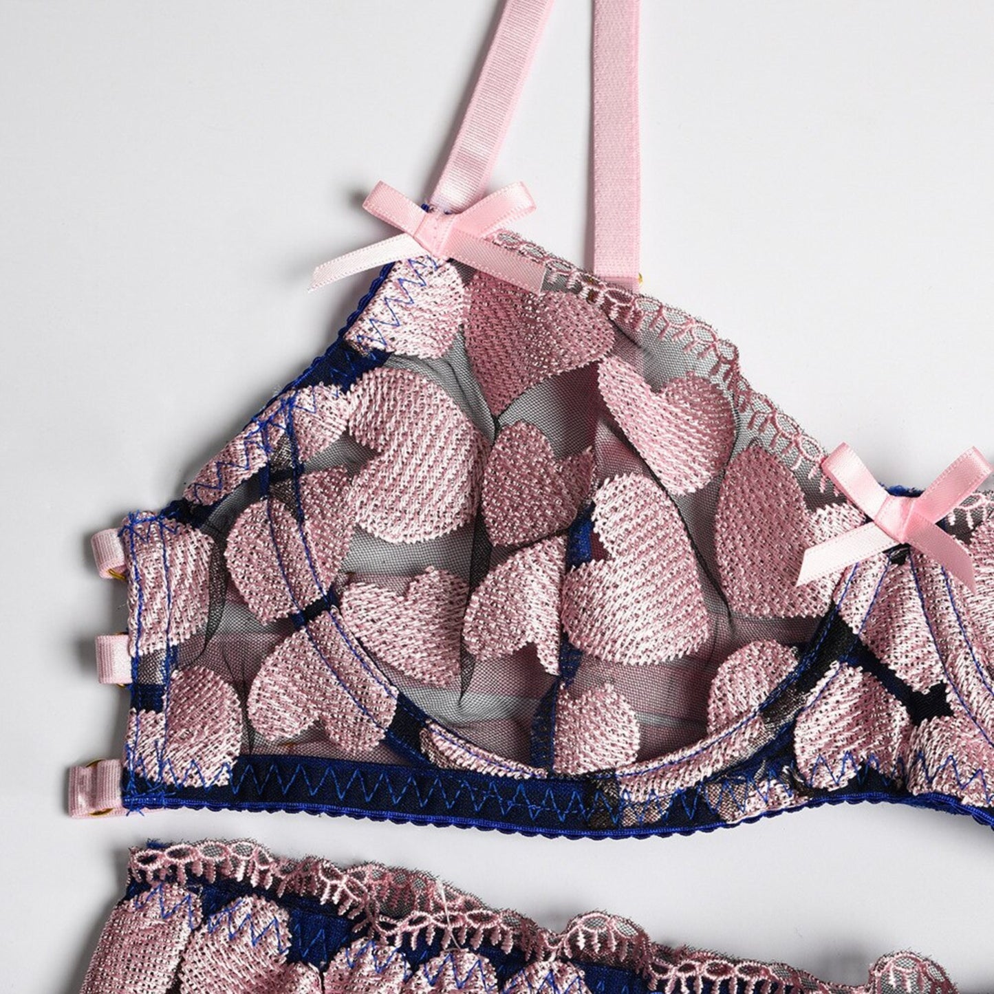 Heart Embroidery Love Bowknot Lingerie Set