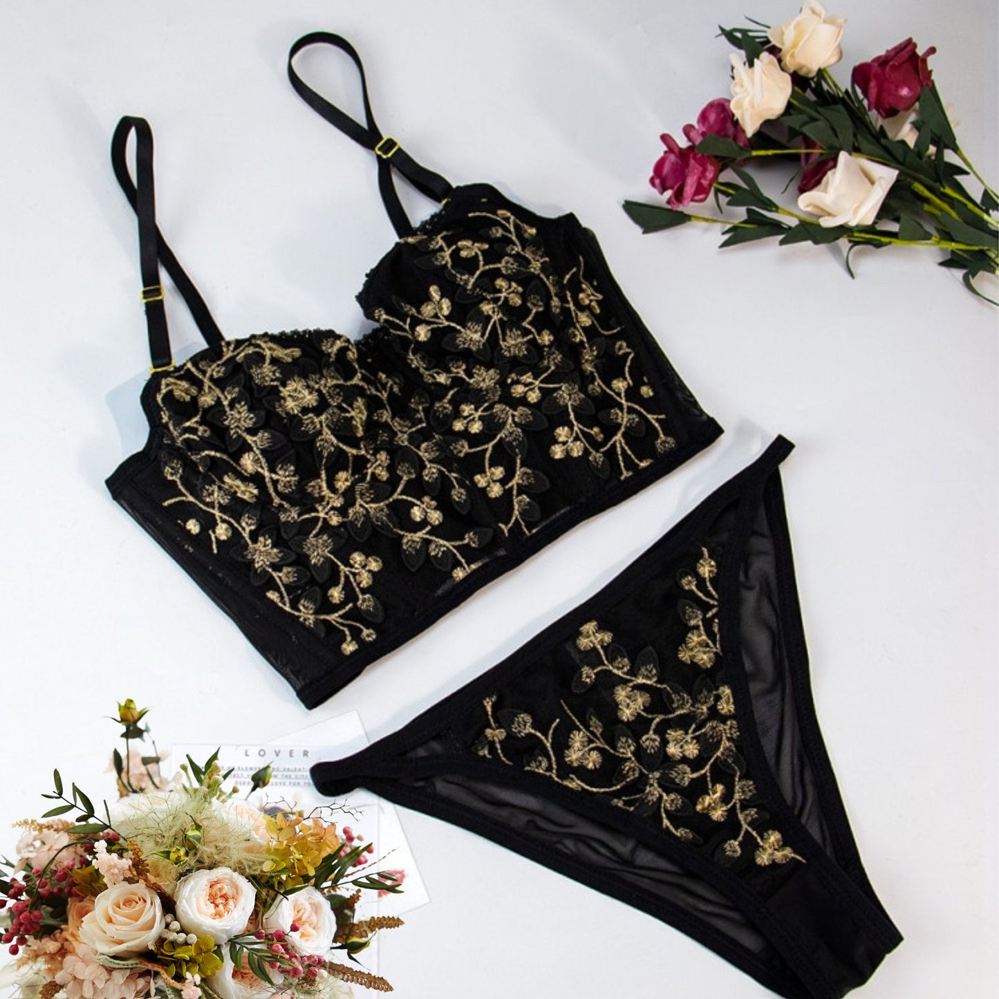 Embroidered Bridal Corset Lingerie Set