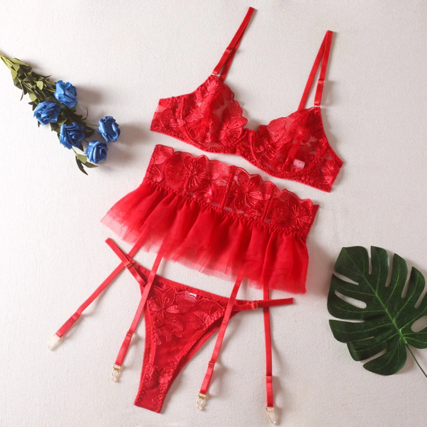 Sheer Lace Floral Embroidery Tulle Lingerie Set, Dessous Boudoir Lingerie
