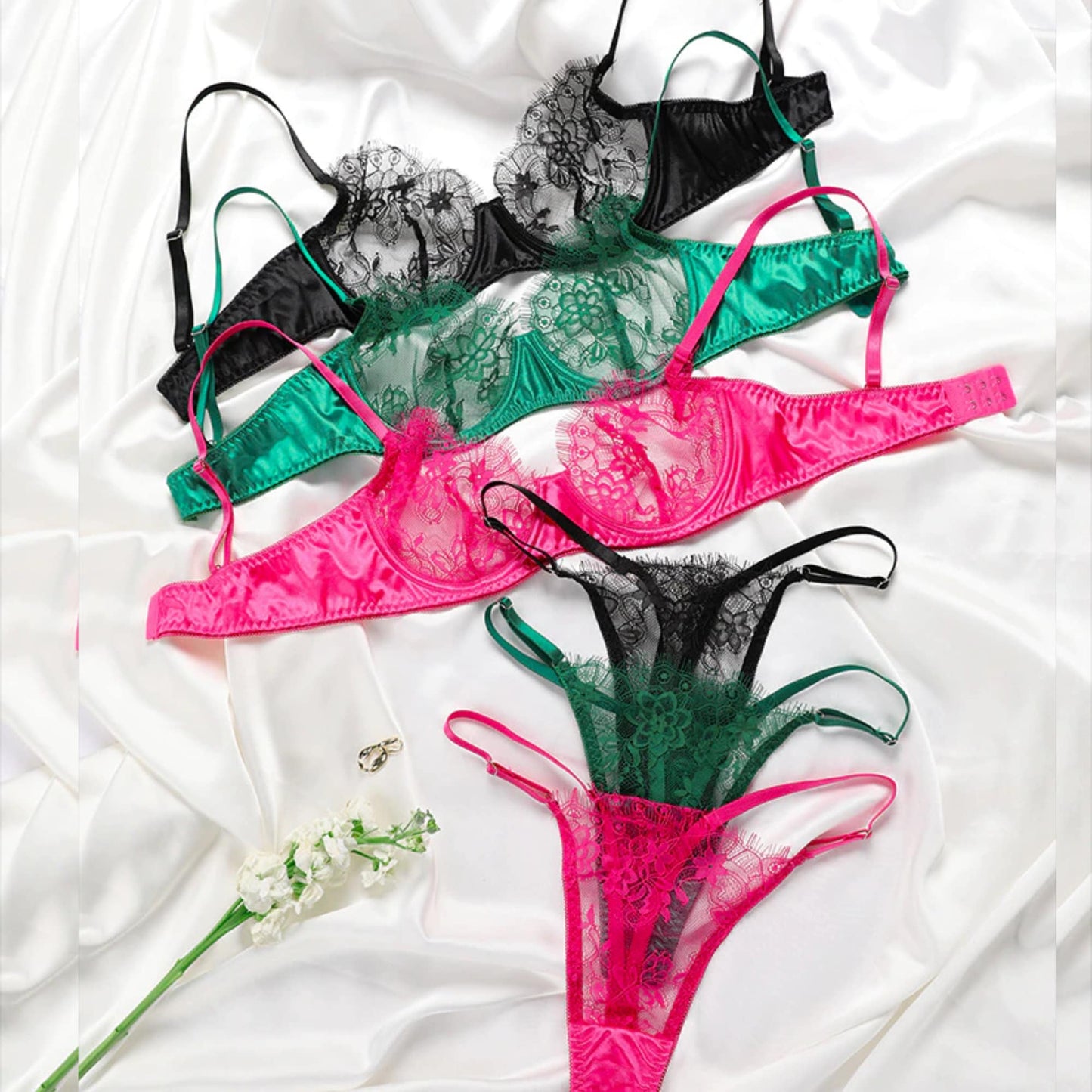 Sheer See Through Delicate Lace Lingerie Set