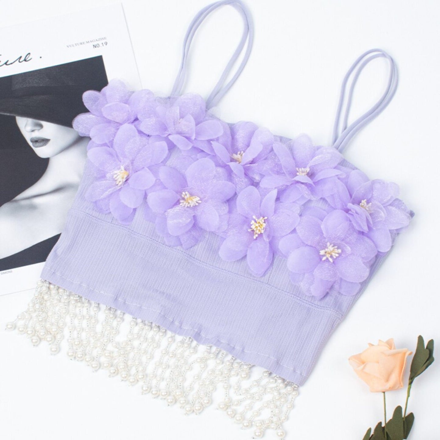 Summer Tops Purple Tassel Faux Pearl/Diamond Beading Knit Tops