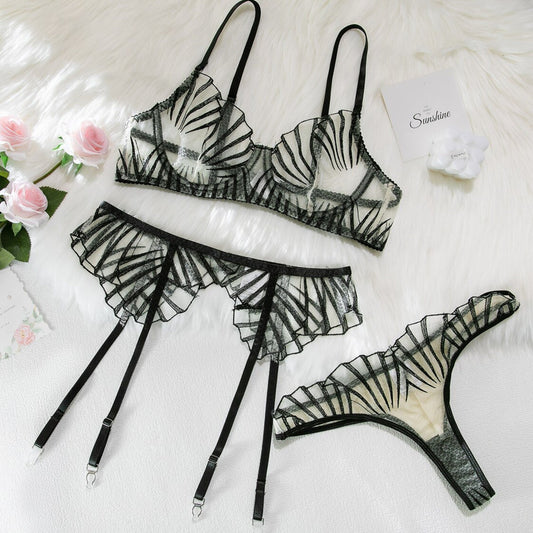 Ultra Thin Sheer Black Stripes Lingerie Set