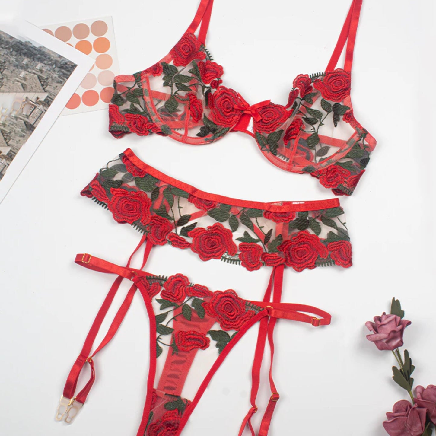 Red Floral Embroidery Lace Sheer See Through Lingerie Set