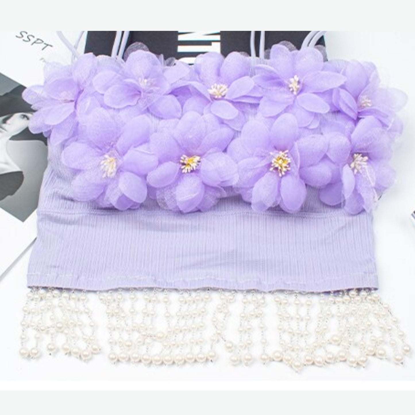 Summer Tops Purple Tassel Faux Pearl/Diamond Beading Knit Tops