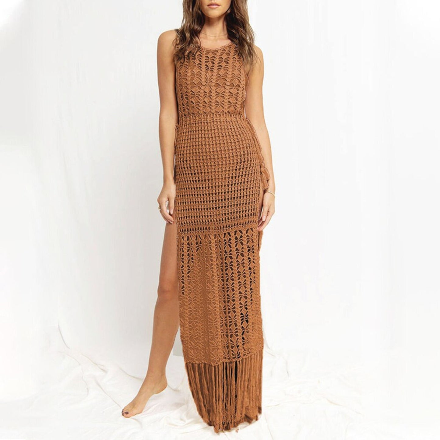 Crochet Hollow Out Fringed Mesh Dress Bikini Cover Up