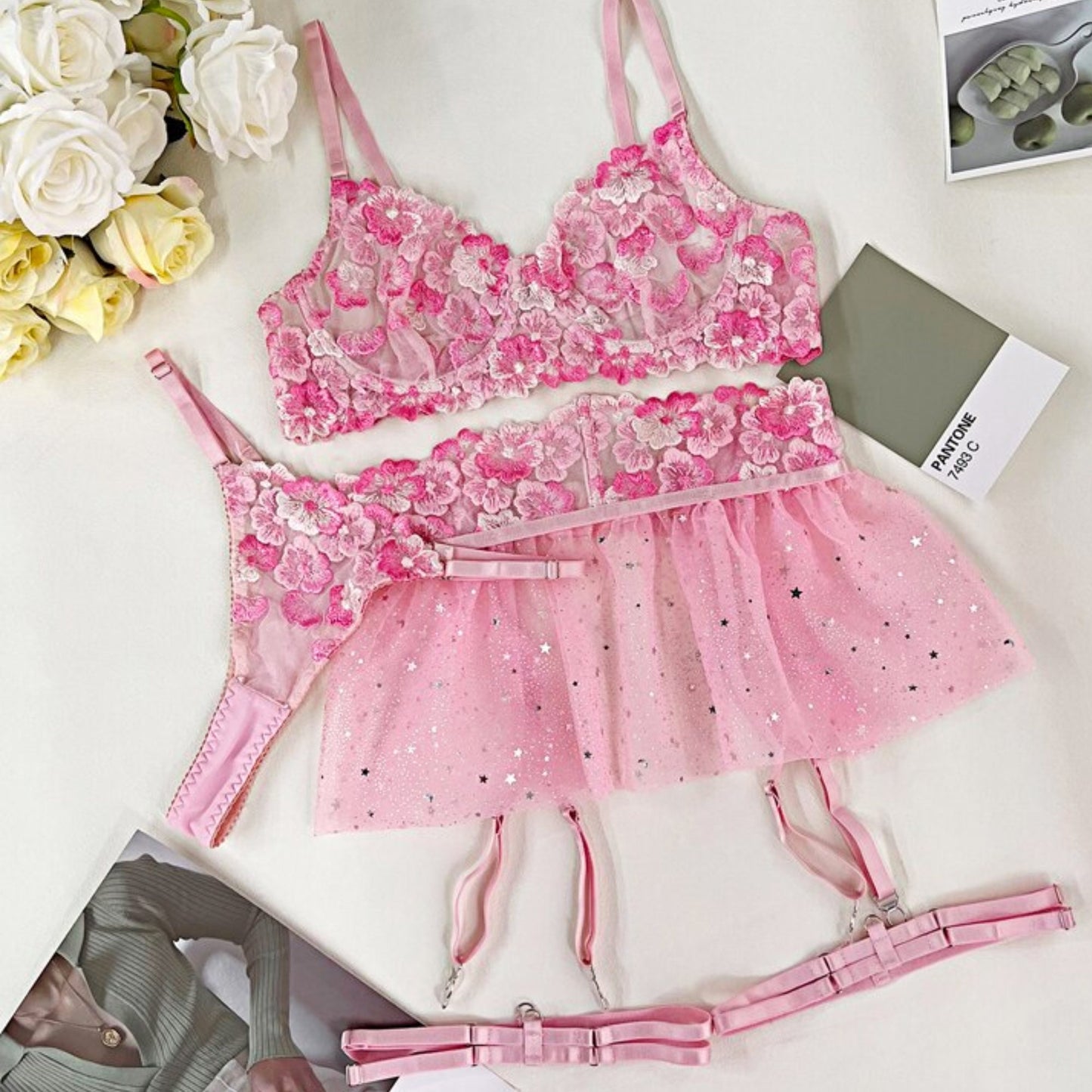Pink Floral Embroidery See Through Tulle Lingerie Set