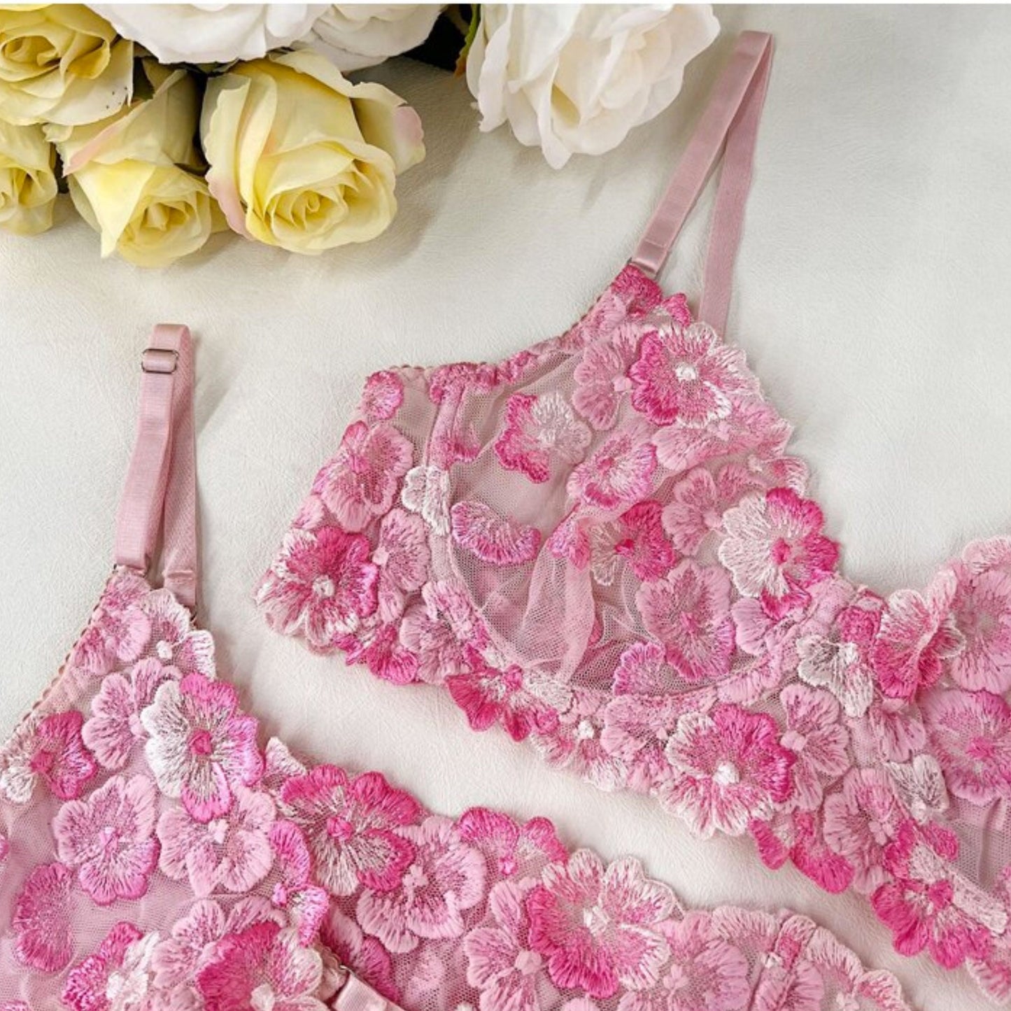 Pink Floral Embroidery See Through Tulle Lingerie Set