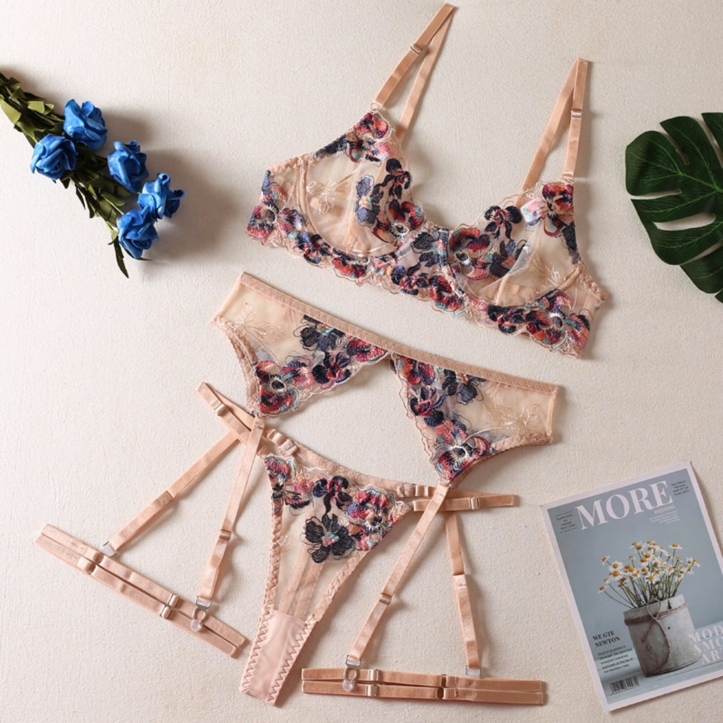Floral Embroidery Boudoir Lingerie Set