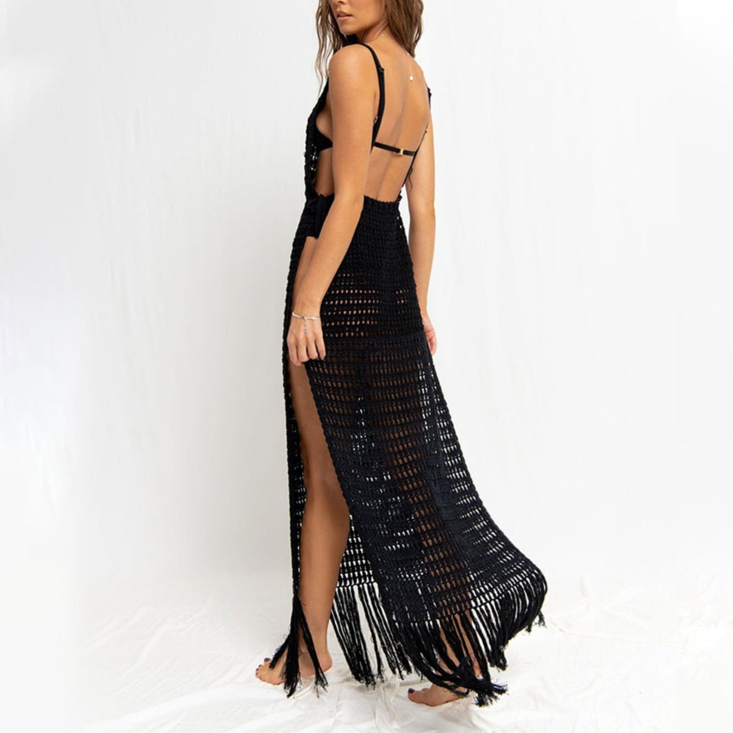 White/Black Crochet Hollow Out Fringed Bikini Swimsuit Cover Up