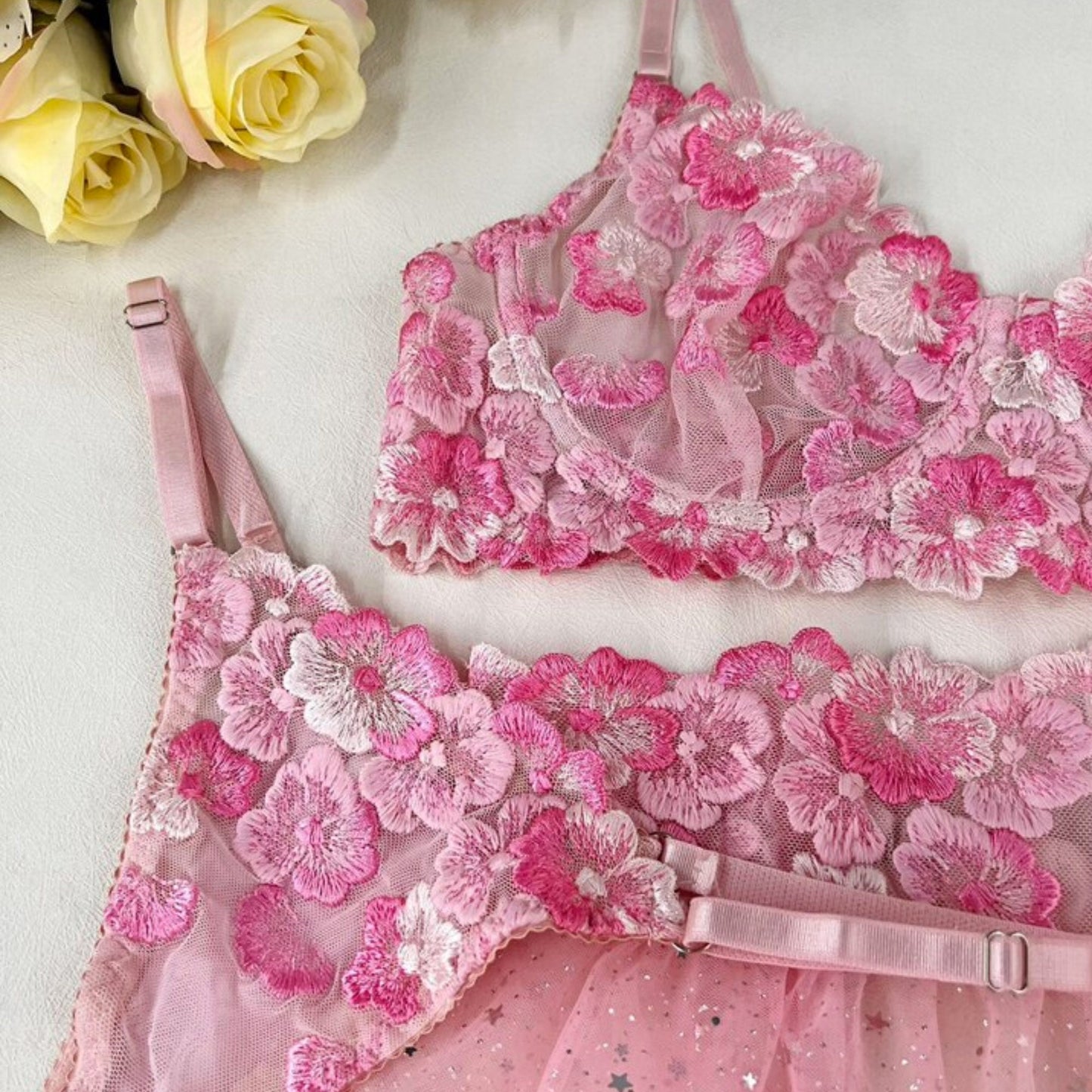 Pink Floral Embroidery See Through Tulle Lingerie Set