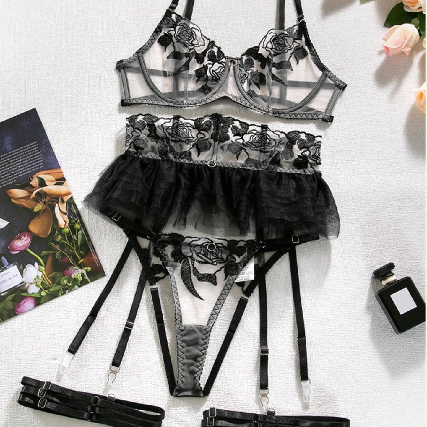 Sheer See Through Crotchless Open Butt Lingerie Set