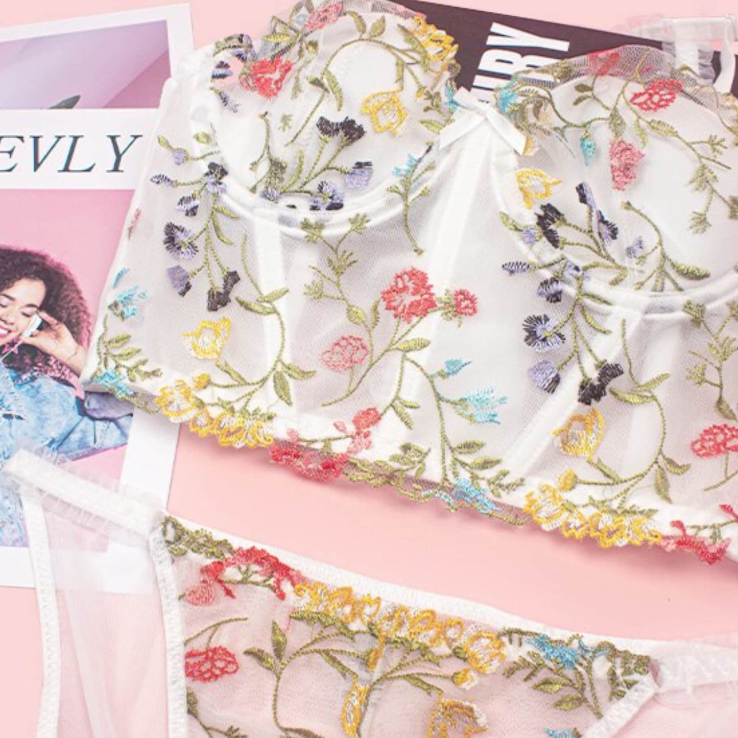 Corset Floral Embroidery Lace Lingerie Set