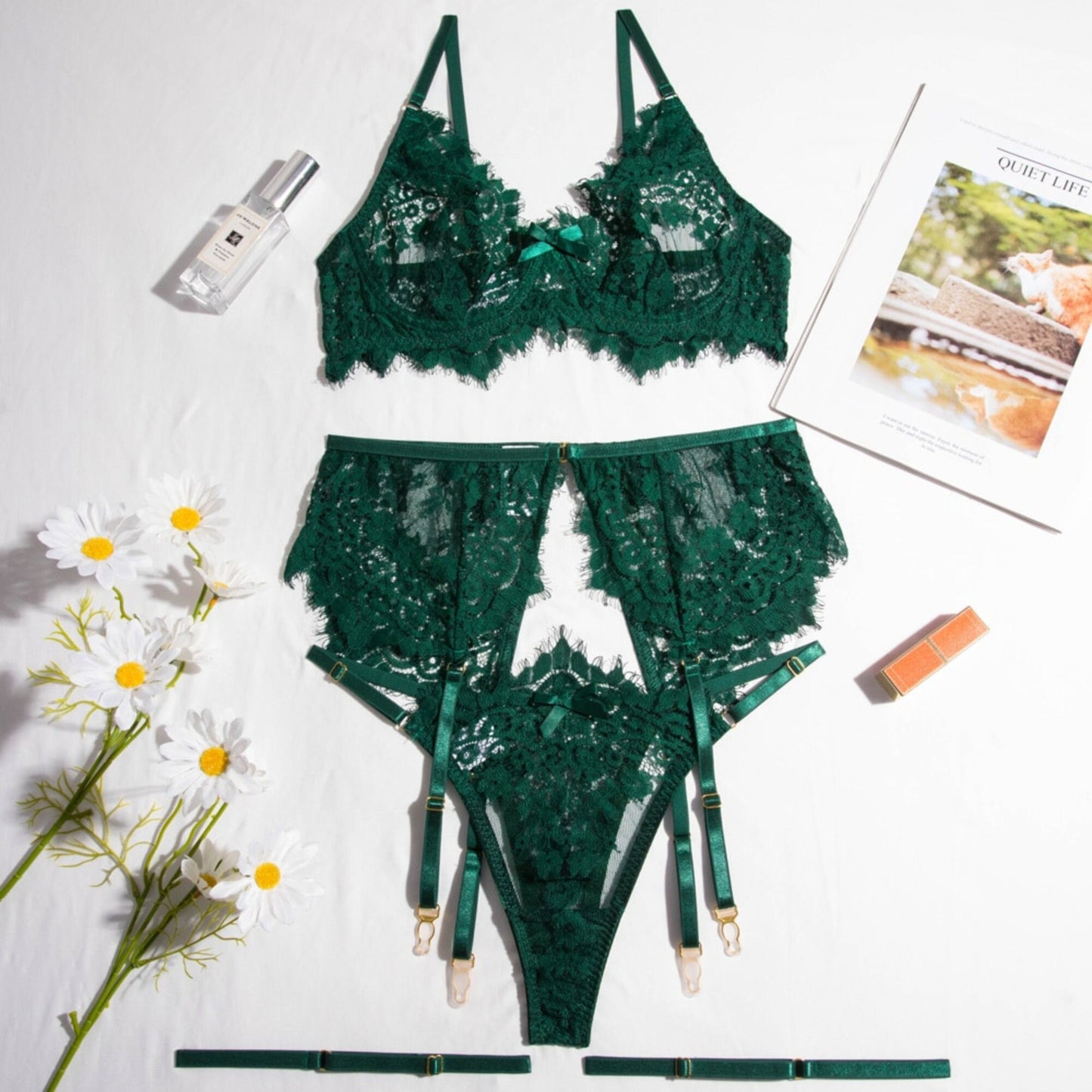 Hunter Green Sheer See Through Eyelash Lingerie Set