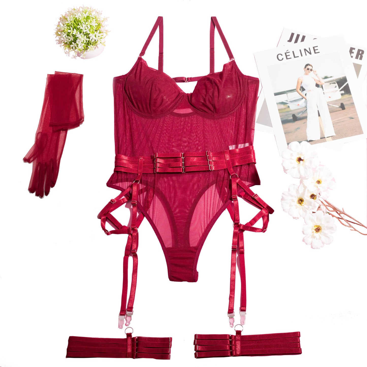 Burgundy See Through Bodysuit With Gloves Garter