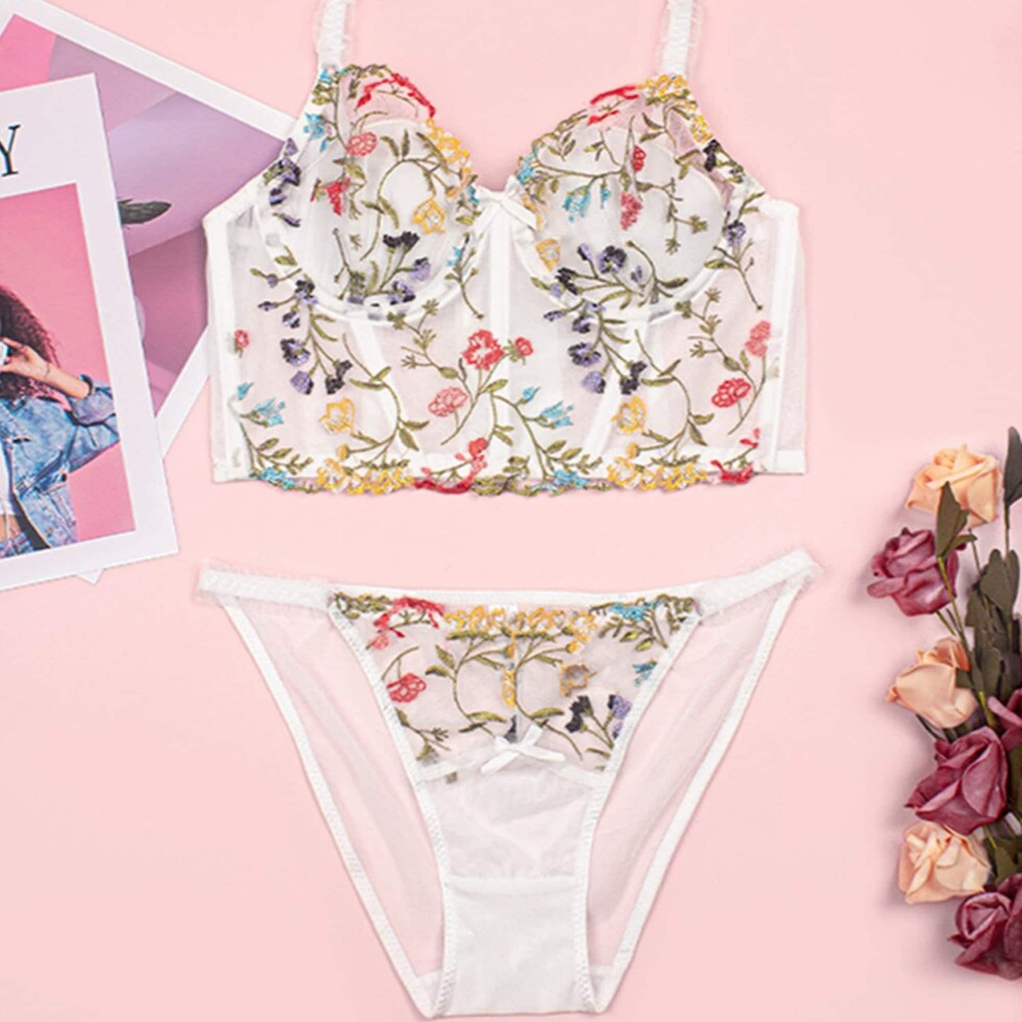 Corset Floral Embroidery Lace Lingerie Set