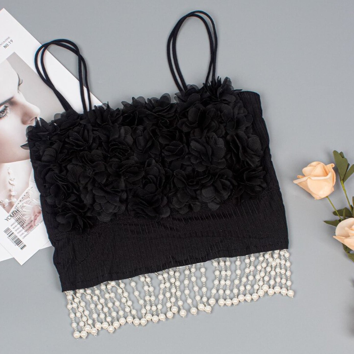 Floral Lace Pearl Tassel Tops