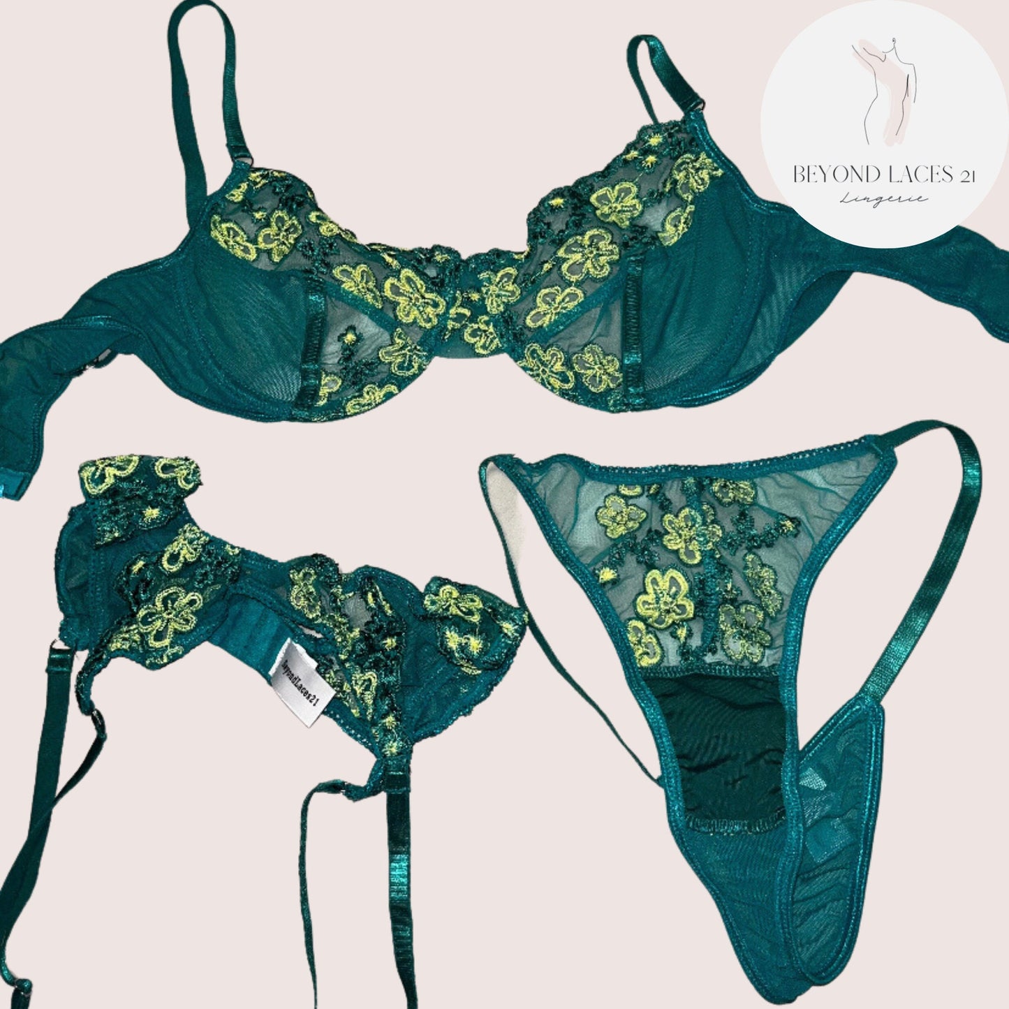 Green Floral French Lingerie Set